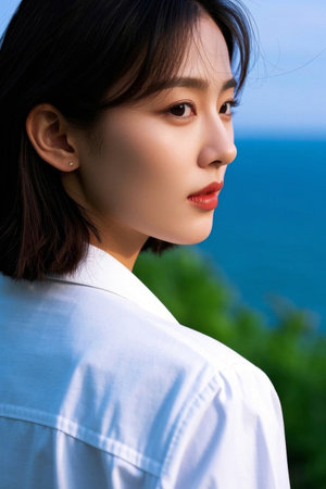 The beautiful women with profile pictures at the beach are pure and lovelyの素材