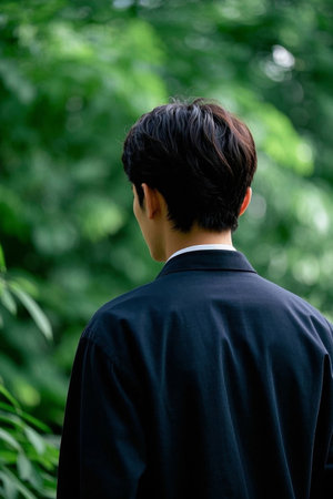 Men in black with green leaves on their backsの素材