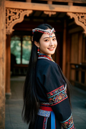 The young woman in gorgeous clothes looked back and smiledの素材