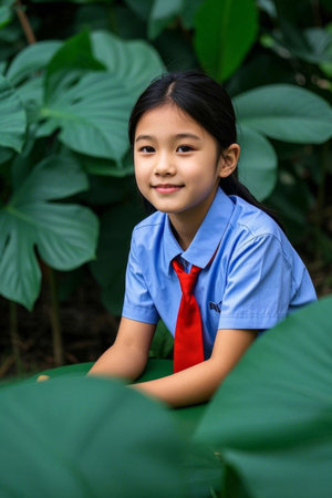 Girl in school uniform in the green leavesの素材