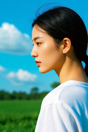 Young woman with profile in the sunの素材