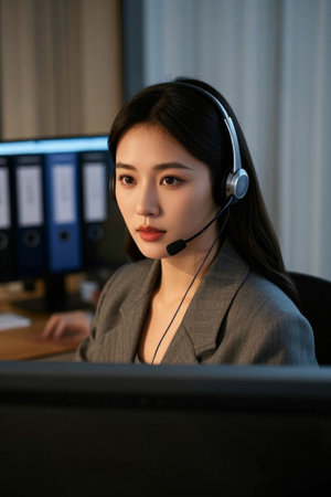 Young women working with headphonesの素材