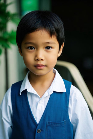 Portrait of a little boy in a blue vestの素材