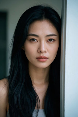 Portrait of young woman leaning sideways against wallの素材