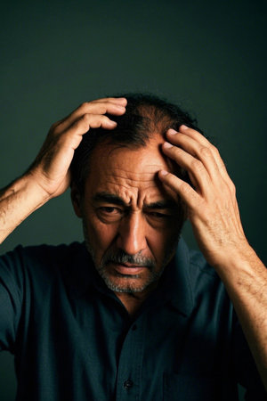 Melancholic middle-aged man holds his forehead with both handsの素材