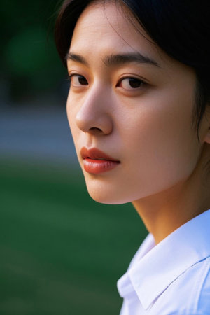 Close-up of the woman's face with firm eyesの素材