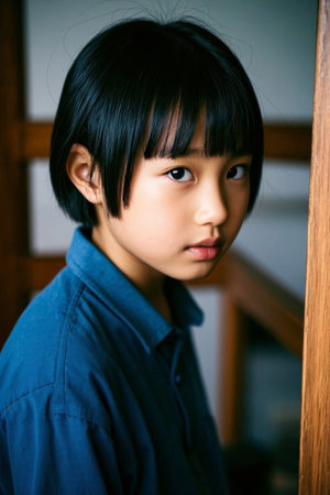 Girl looks sideways at wooden backgroundの素材