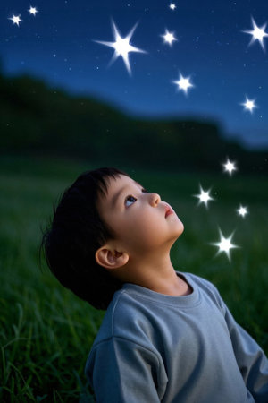 Little boy looking up at the starsの素材