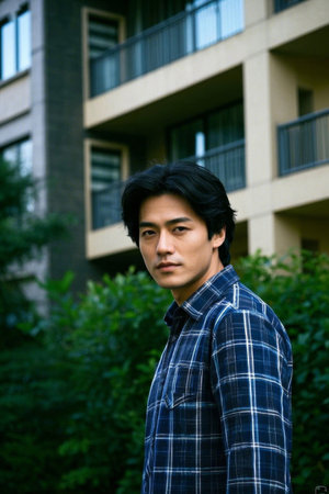 Fashionable men's street photo blue plaid shirtの素材