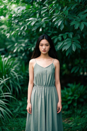 Photo of a charming girl in the green leavesの素材