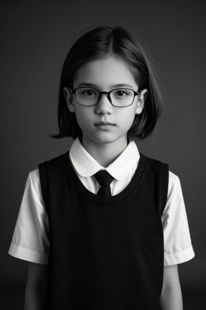 Black and white photo of a little girl with glasses is seriousの素材