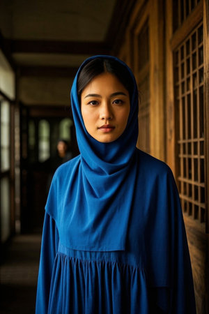 Blue robe woman staring aheadの素材