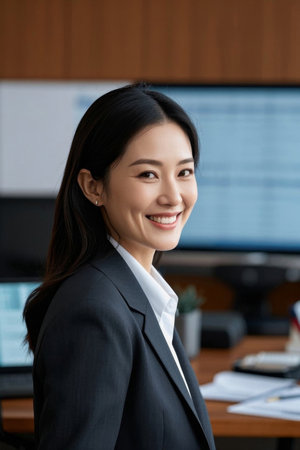 Confident smile of women in the workplace office sceneの素材