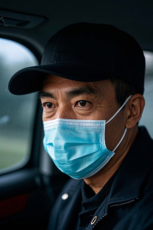 Close-up of the man wearing a mask's face on the inside of the carの素材