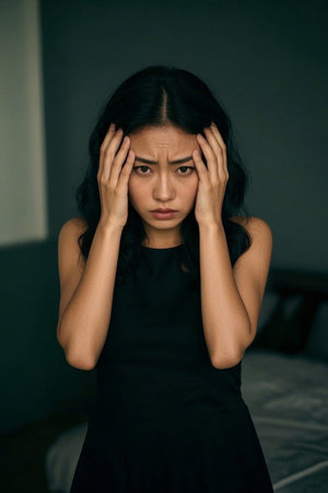 A sad woman holds her forehead with both hands and thinks deeplyの素材