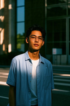 Portrait of man with glasses in the sunの素材