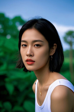 Portrait of young woman against a green backgroundの素材