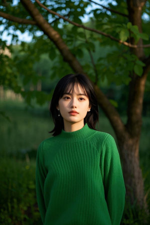 Green-clad woman's photo under the tree is fresh and naturalの素材