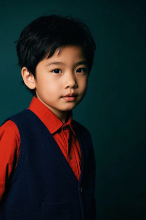Asian boy in red shirt and blue vestの素材