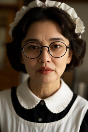 Portrait of middle-aged woman wearing maid uniform and glassesの素材