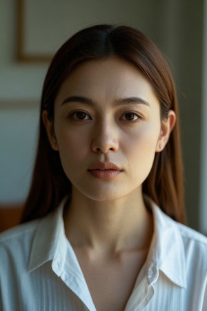 Portrait of woman in white shirtの素材