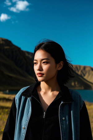 Girl gazing at distant scenery in the sunの素材