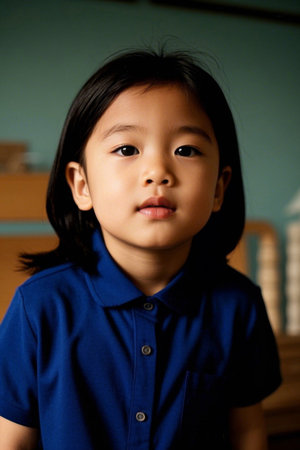 Cute little girl in blue polo shirtの素材