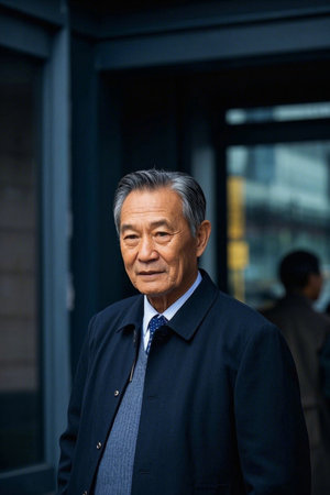 Portrait of an elegant elderly man with a business street viewの素材