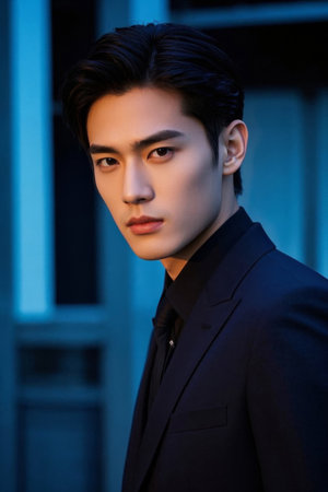 Young man in suit on blue backgroundの素材