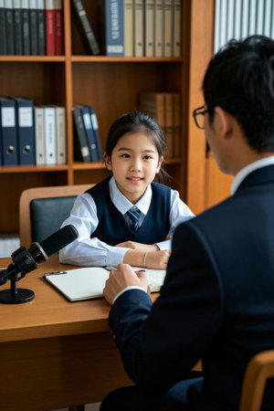 Primary school students discuss communication scenarios with adultsの素材