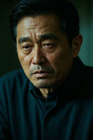 Close-up of a portrait of a middle-aged man with melancholic eyesの素材