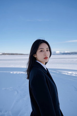 A woman looking back in the winter snowの素材