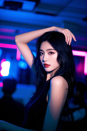 Fashionable women's profile photo under neon lightsの素材