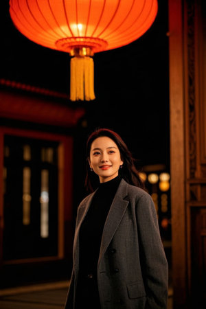 Women's Night View Chinese Architecture Red Lanternの素材