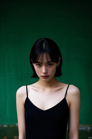 Girl with short hair in black camisole on green screen backgroundの素材
