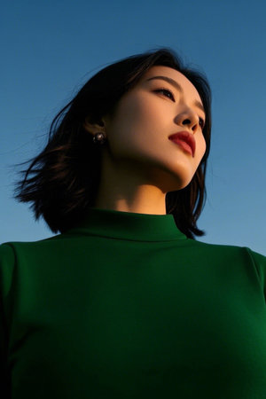 Woman looks up at the sky green clothes fashionの素材