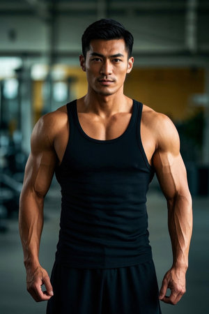 Portrait of a fit man in gymの素材