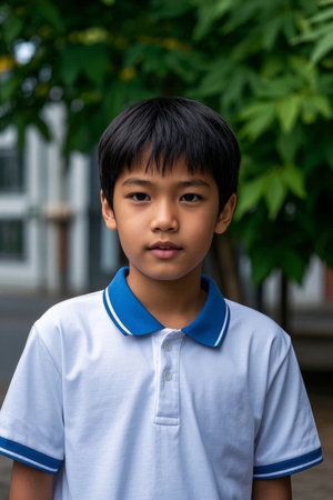 Portrait of boy wearing white and blue school uniform outdoorsの素材