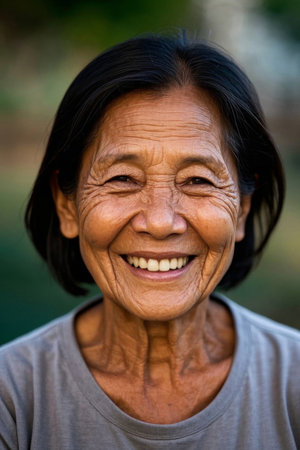 Portrait of an elderly woman with a bright smileの素材