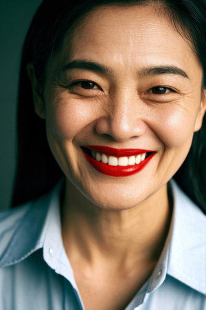 Smiling Asian female portrait red lipsの素材