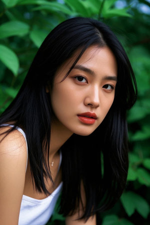 Portrait of Asian woman in green leavesの素材