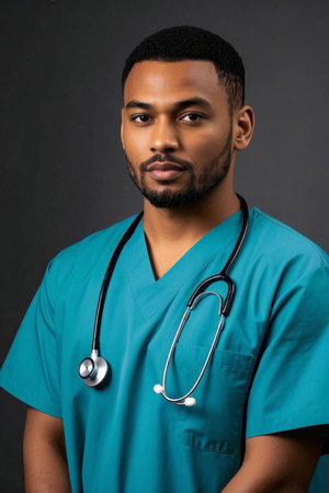 Young male doctor wearing blue uniformの素材