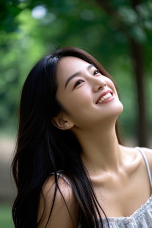 Young woman smiling happily in the sunの素材