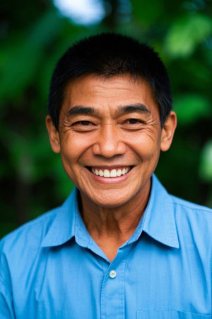 Outdoor portrait of smiling middle-aged Asian manの素材