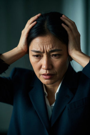 Worried working woman holds her forehead with both handsの素材