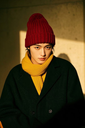 Young man in a dark coat in the sunの素材