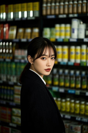 Young woman looking back in the supermarketの素材