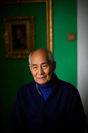 Portrait of an old man with deep eyes against a green wallの素材