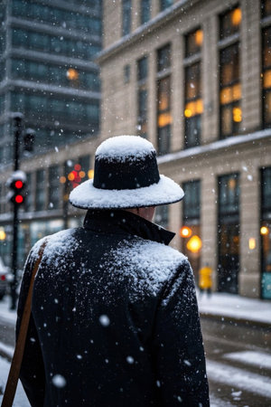 Urban travelers walking in the snow, winter city snow strollの素材