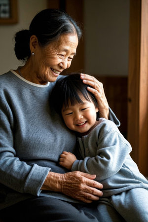 Warm hugs between grandparents and grandchildrenの素材